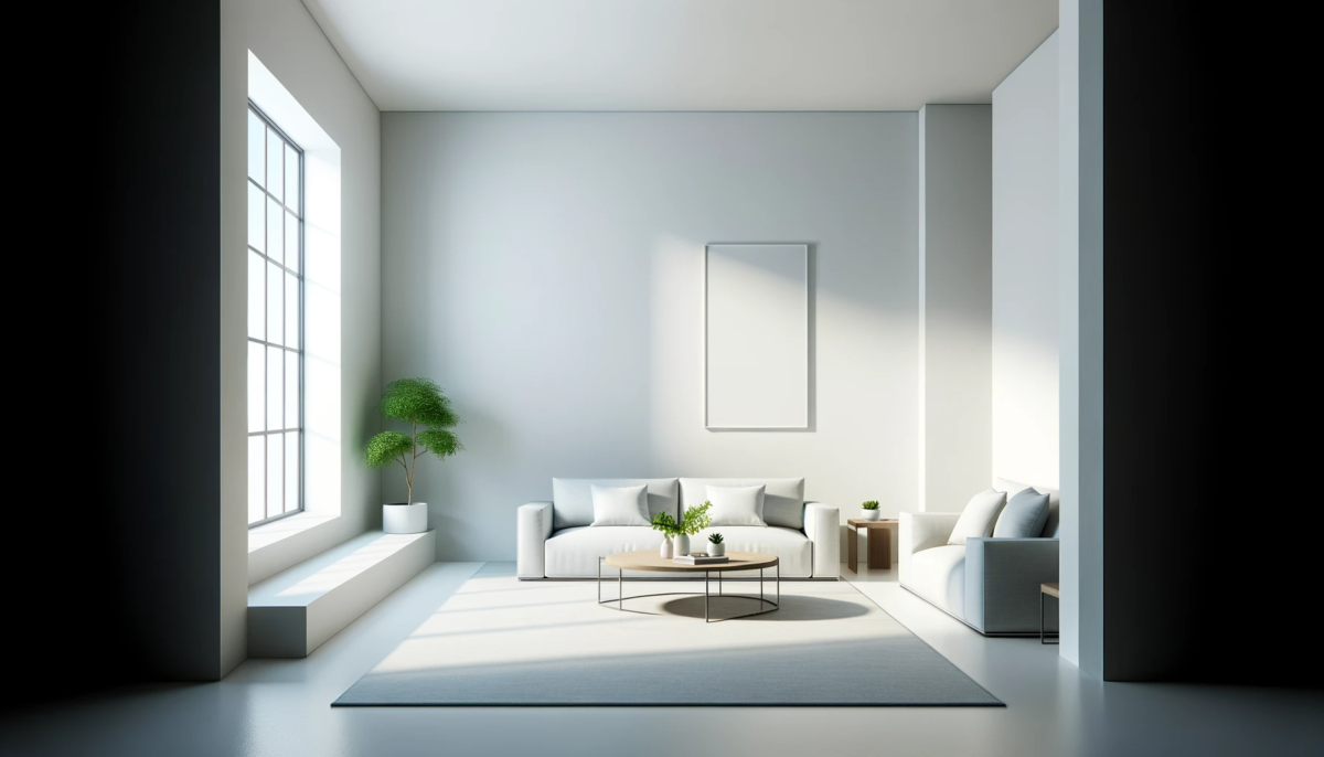 A minimalist interior design featuring a spacious room with white walls, a large window allowing natural light.